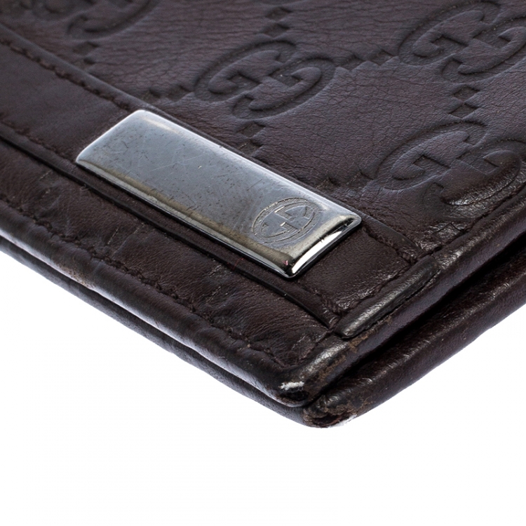 Pre Owned Gucci Dark Brown Guccissima Leather Metal Bar Bifold Wallet