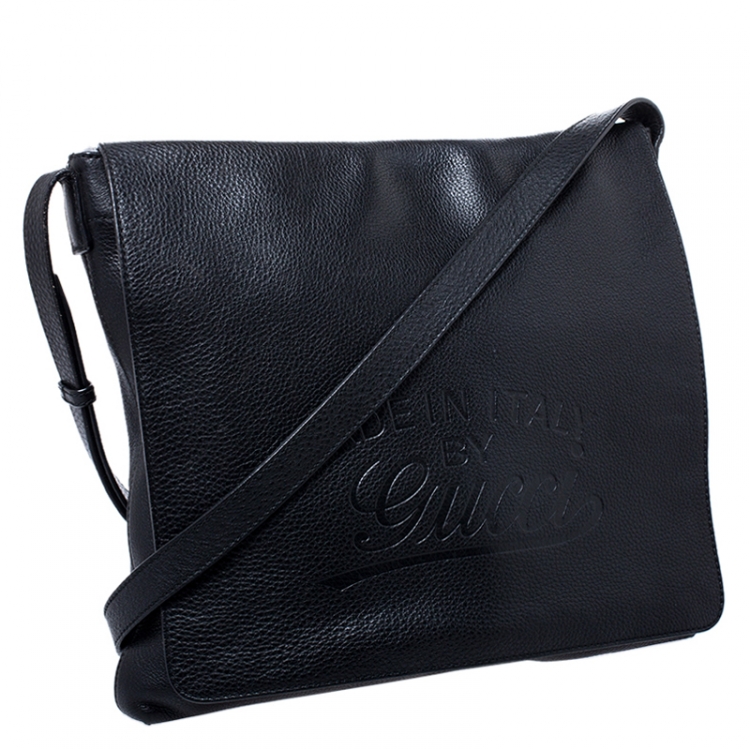 Pre Owned Gucci Black Leather Flap Messenger Bag