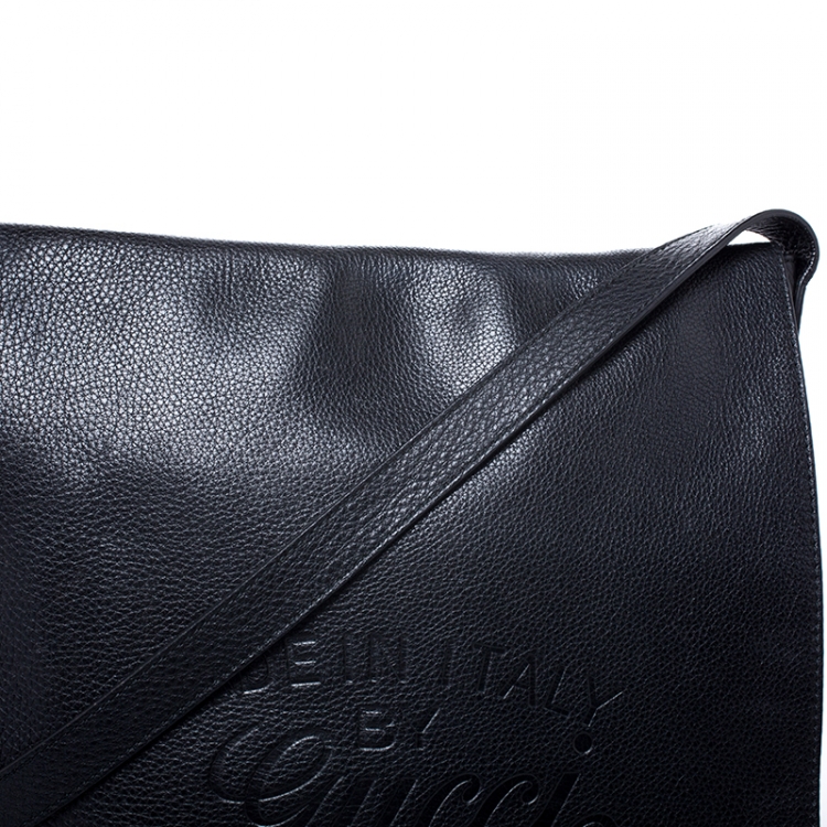 Pre Owned Gucci Black Leather Flap Messenger Bag