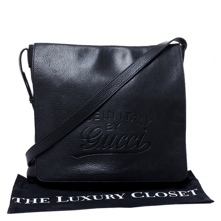 Pre Owned Gucci Black Leather Flap Messenger Bag