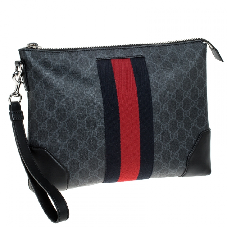 Pre Owned Gucci Black GG Supreme Coated Canvas Web Pouch