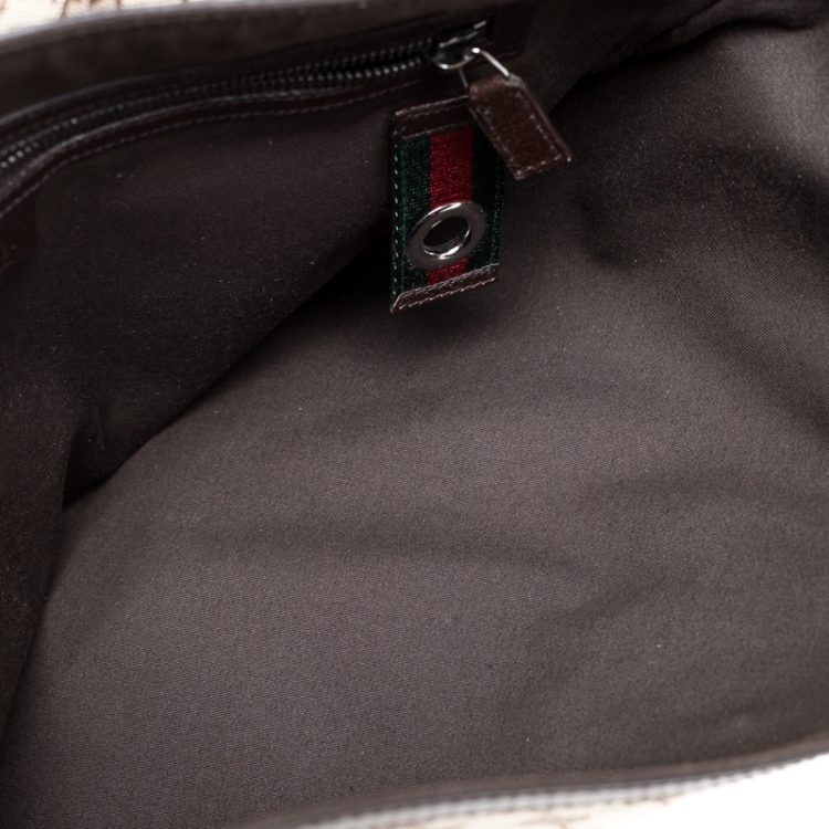 Pre Owned Gucci Beige/Brown GG Canvas and Leather Web Flap Messenger Bag