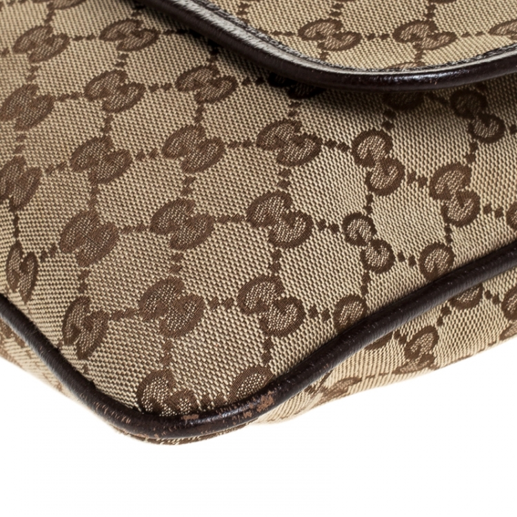 Pre Owned Gucci Beige/Brown GG Canvas and Leather Web Flap Messenger Bag