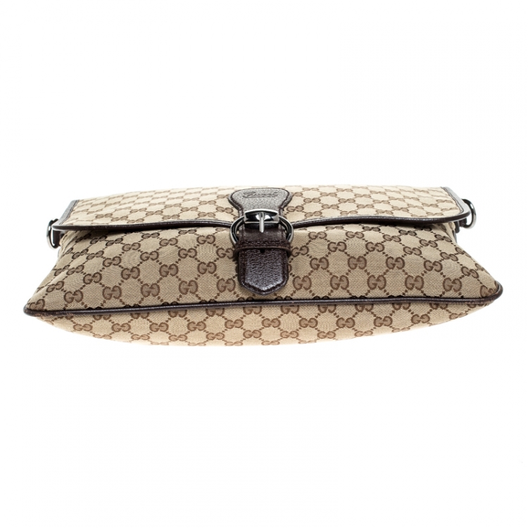 Pre Owned Gucci Beige/Brown GG Canvas and Leather Web Flap Messenger Bag