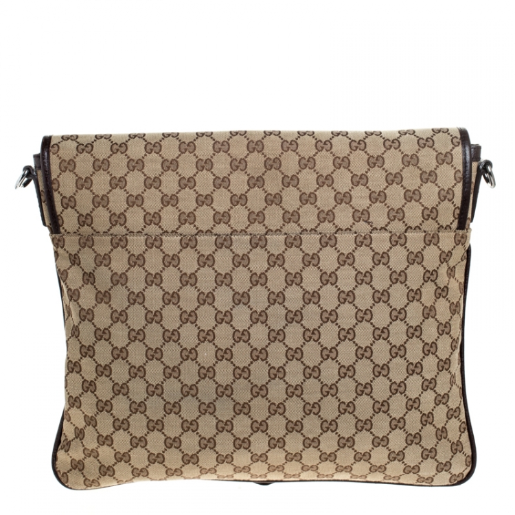Pre Owned Gucci Beige/Brown GG Canvas and Leather Web Flap Messenger Bag