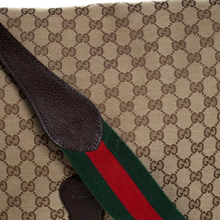 Pre Owned Gucci Beige/Brown GG Canvas and Leather Web Flap Messenger Bag