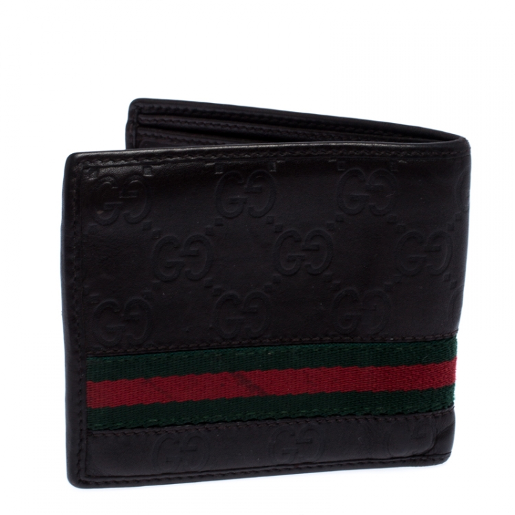Pre Owned Gucci Dark Brown Guccissima Leather Web Bifold Wallet