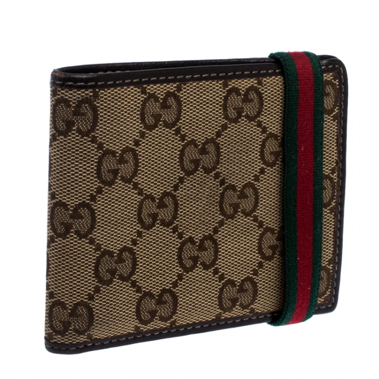 Pre Owned Gucci Beige GG Canvas Web Bifold Wallet