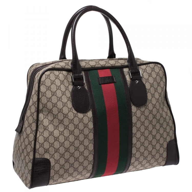 Pre Owned Gucci Brown GG Supreme Canvas Web Weekender Bag