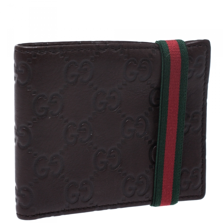 Pre Owned Gucci Dark Brown Guccissima Leather Web Bifold Wallet
