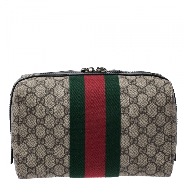 Pre Owned Gucci Beige/Balck GG Supreme Canvas and Leather Web Toiletry Pouch