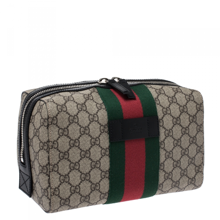 Pre Owned Gucci Beige/Balck GG Supreme Canvas and Leather Web Toiletry Pouch