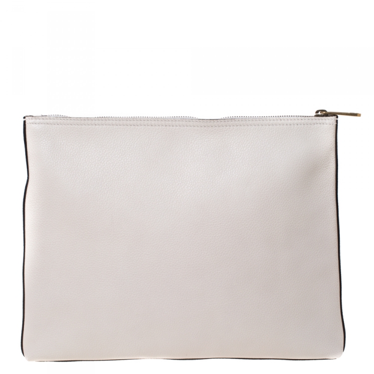 Pre Owned Gucci White Leather Logo Print Zip Pouch