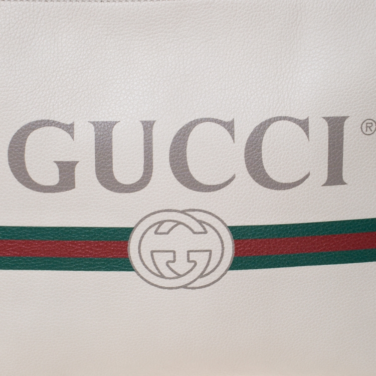 Pre Owned Gucci White Leather Logo Print Zip Pouch