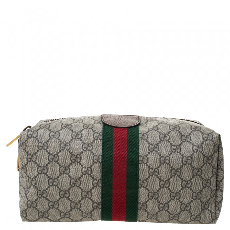 Pre Owned Gucci Beige GG Supreme Canvas Ophidia Web Toiletry Pouch
