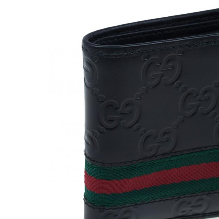 Pre Owned Gucci Black Leather Guccissima Web Bi-Fold Wallet