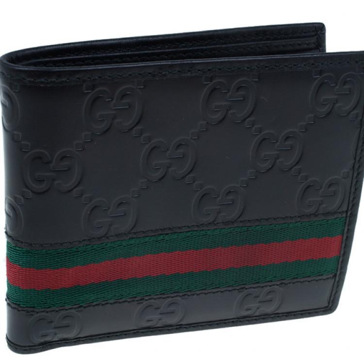 Pre Owned Gucci Black Leather Guccissima Web Bi-Fold Wallet