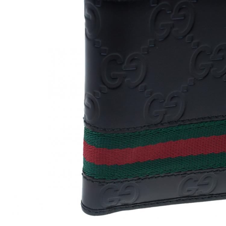Pre Owned Gucci Black Leather Guccissima Web Bi-Fold Wallet