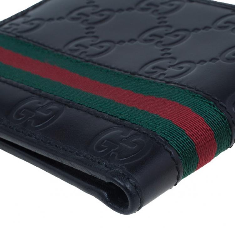 Pre Owned Gucci Black Leather Guccissima Web Bi-Fold Wallet