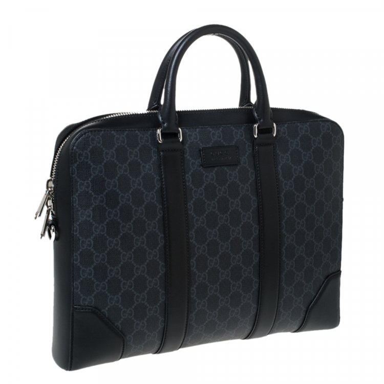 Pre Owned Gucci Black/Grey GG Supreme Canvas and Leather Briefcase
