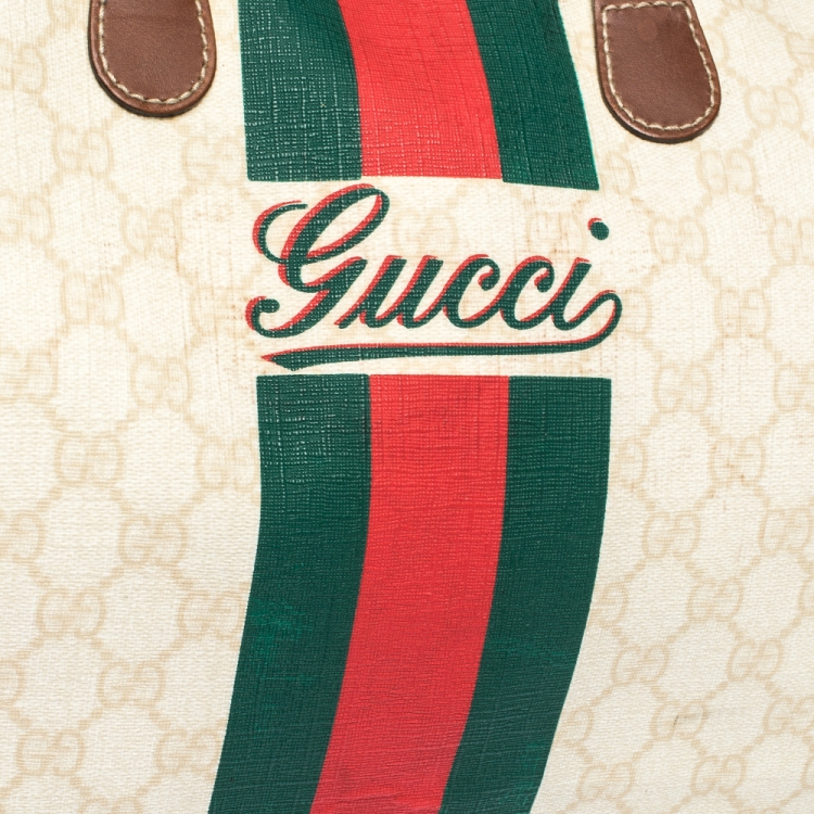 Pre Owned Gucci Ivory/Brown GG Supreme Canvas and Leather Large Web Carry On Duffel Bag