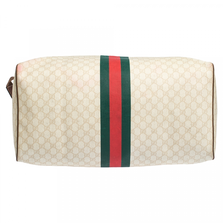 Pre Owned Gucci Ivory/Brown GG Supreme Canvas and Leather Large Web Carry On Duffel Bag