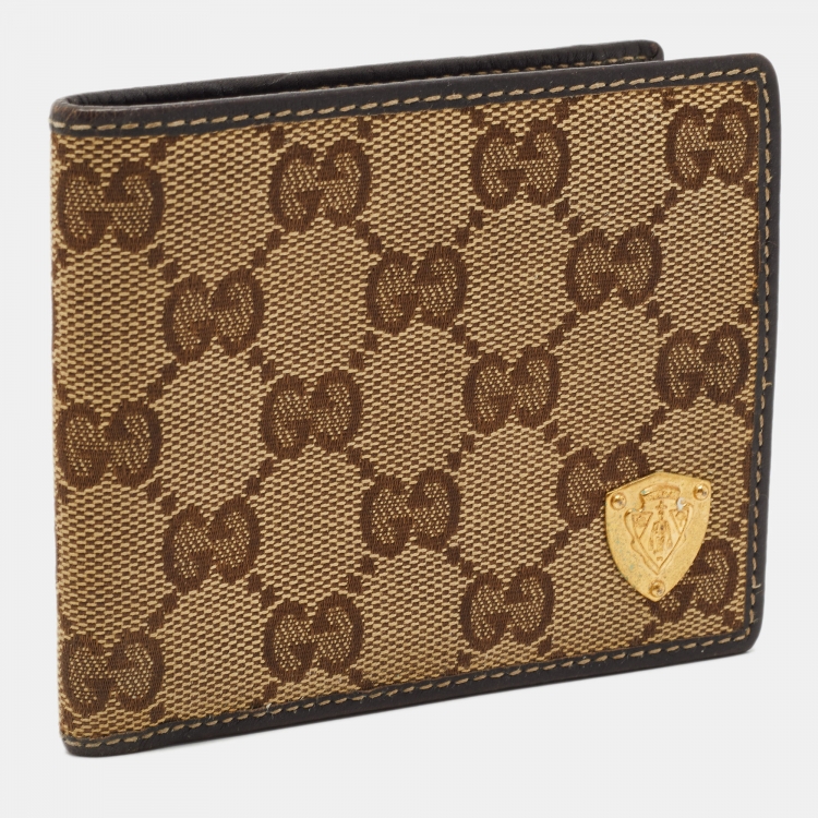 Pre Owned Gucci Beige/Brown GG Canvas and Leather Crest Bifold Wallet