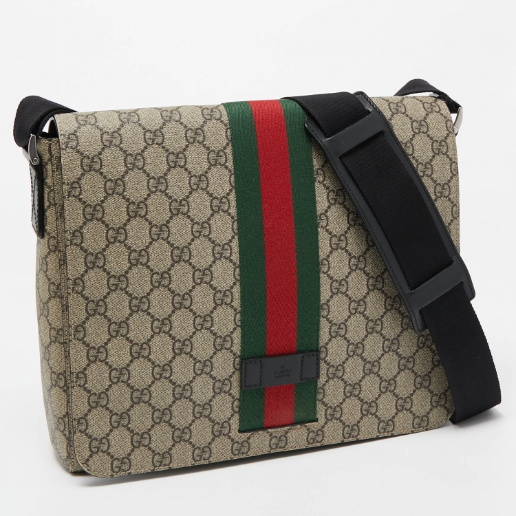 Pre Owned Gucci Beige GG Supreme Canvas Web Flap Messenger Bag