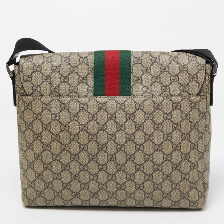 Pre Owned Gucci Beige GG Supreme Canvas Web Flap Messenger Bag