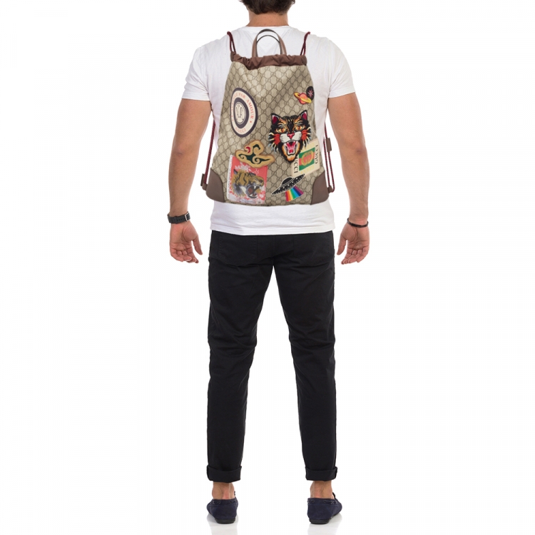 مملوكة مسبقًا Gucci Beige/Brown GG Supreme Canvas Courrier Drawstring Backpack
