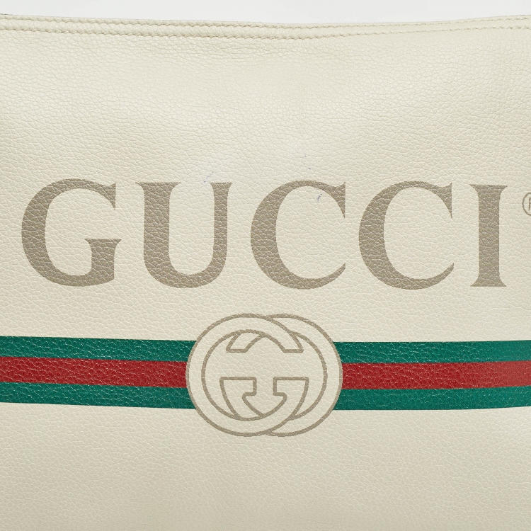 Pre Owned Gucci Off White Leather Logo Print Zip Pouch