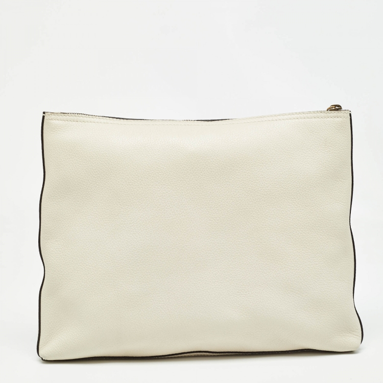 Pre Owned Gucci Off White Leather Logo Print Zip Pouch