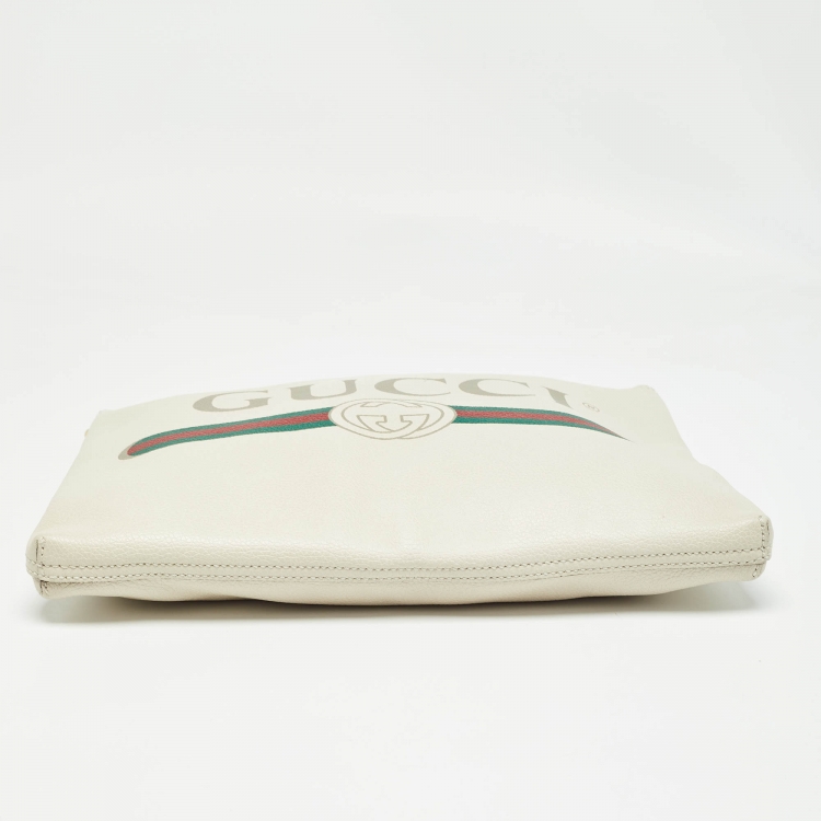 Pre Owned Gucci Off White Leather Logo Print Zip Pouch