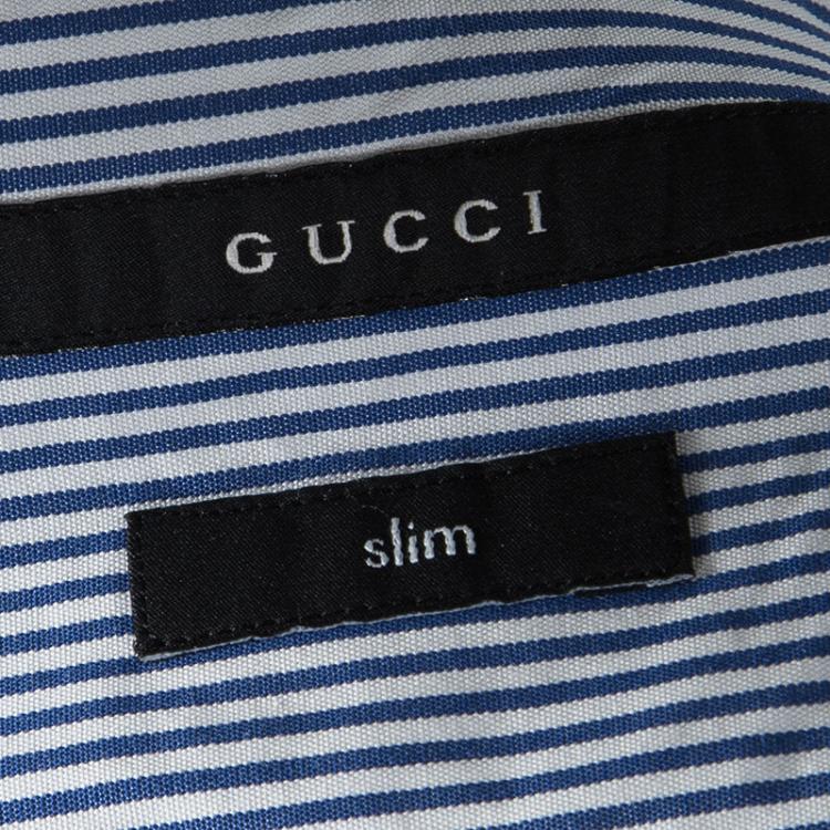 Pre Owned Gucci Blue and White Striped Cotton Logo Embroidered Pocket Detail Slim Fit Shirt 4XL