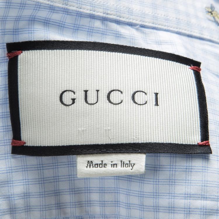 مملوكة مسبقًا Gucci Blue and White Checked Bee Embroidered Button Front Long Sleeve Shirt L