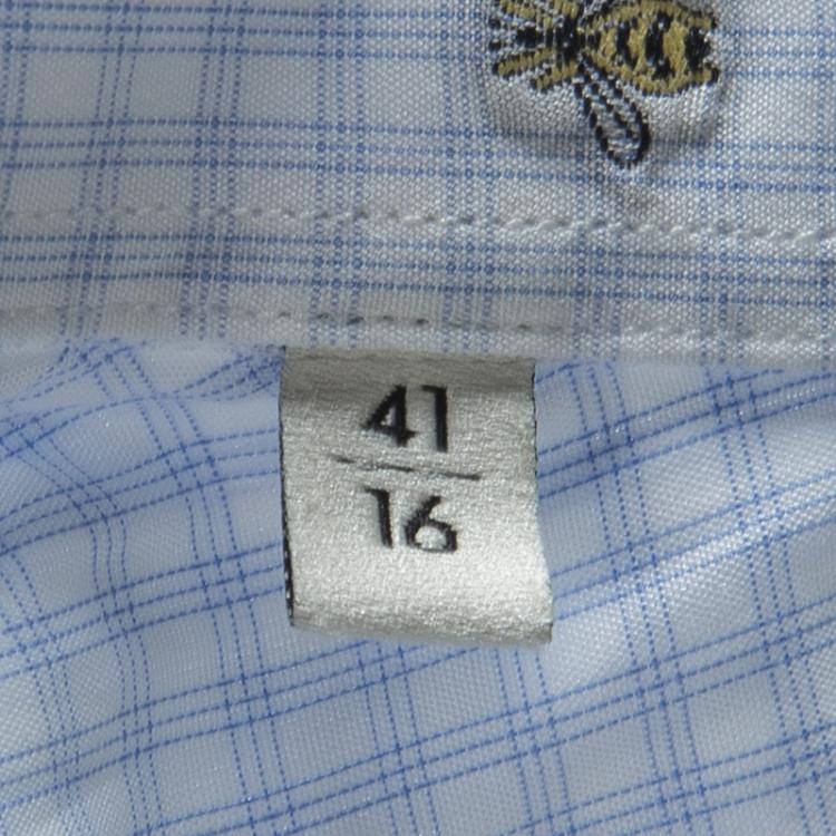مملوكة مسبقًا Gucci Blue and White Checked Bee Embroidered Button Front Long Sleeve Shirt L