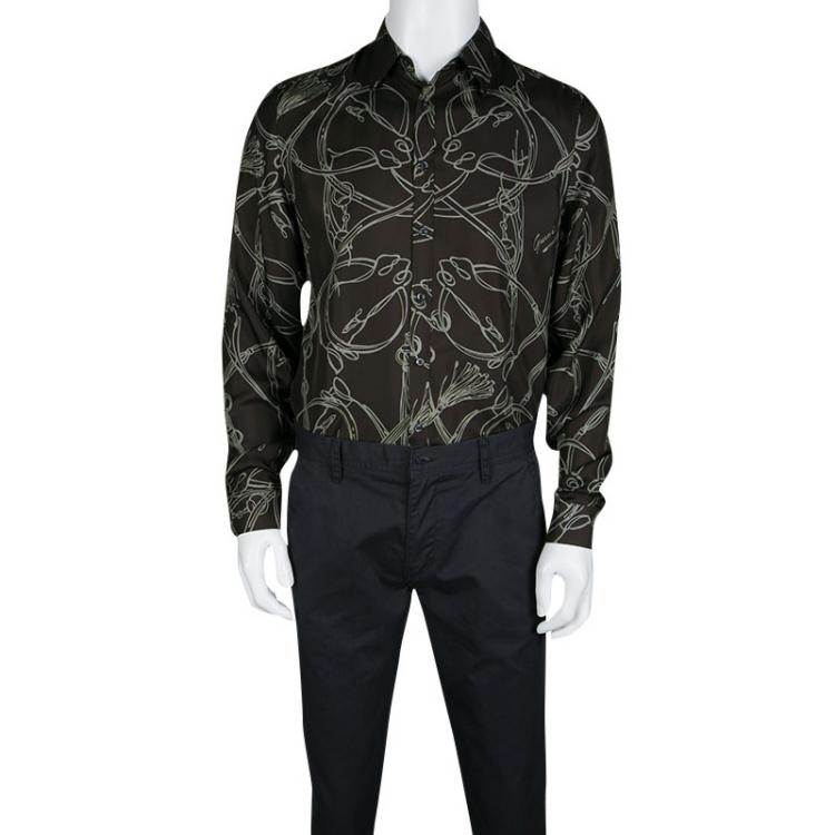 Pre Owned Gucci Brown Horsebit Printed Silk Long Sleeve Slim Fit Shirt M