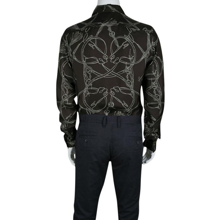 Pre Owned Gucci Brown Horsebit Printed Silk Long Sleeve Slim Fit Shirt M