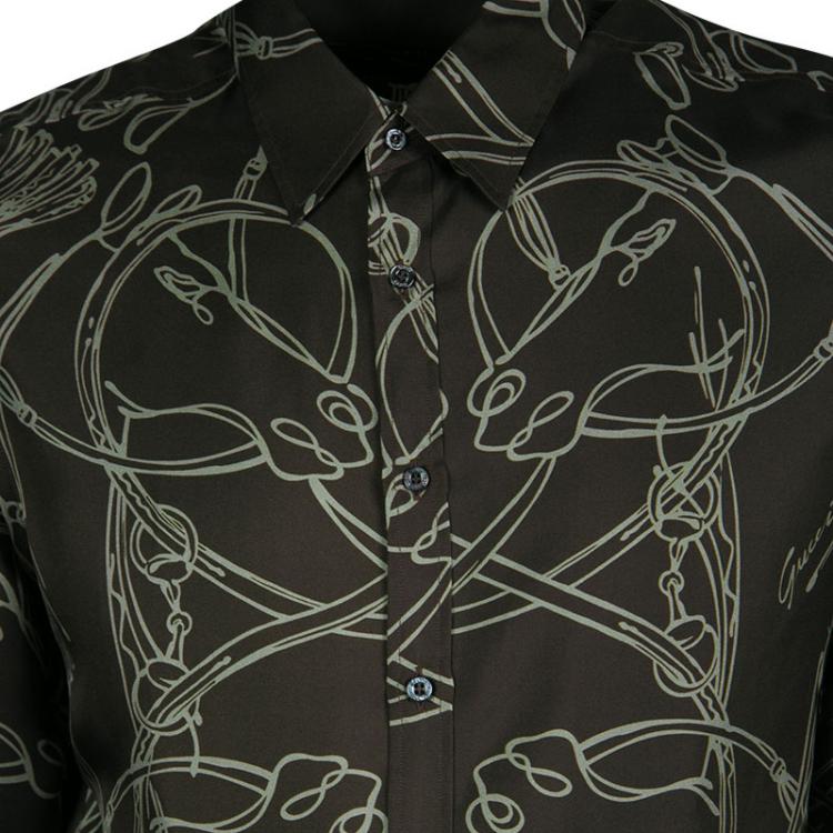 Pre Owned Gucci Brown Horsebit Printed Silk Long Sleeve Slim Fit Shirt M