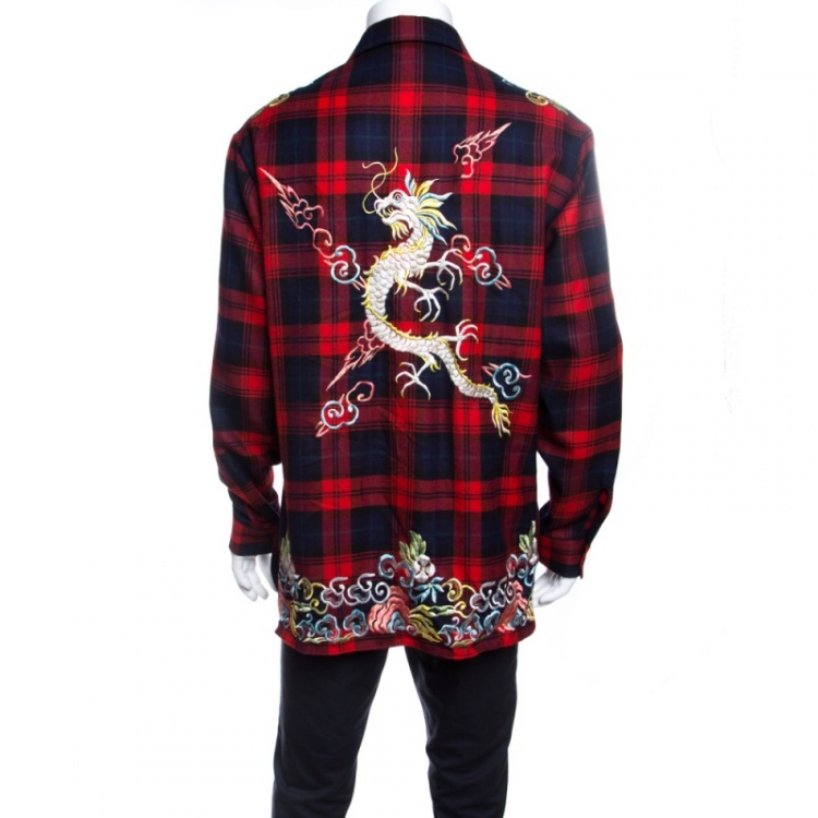 Pre Owned Gucci Red Tartan Plaid Floral and Dragon Embroidered Wool Shirt  XL
