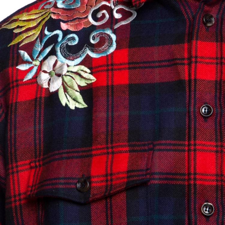 Pre Owned Gucci Red Tartan Plaid Floral and Dragon Embroidered Wool Shirt  XL