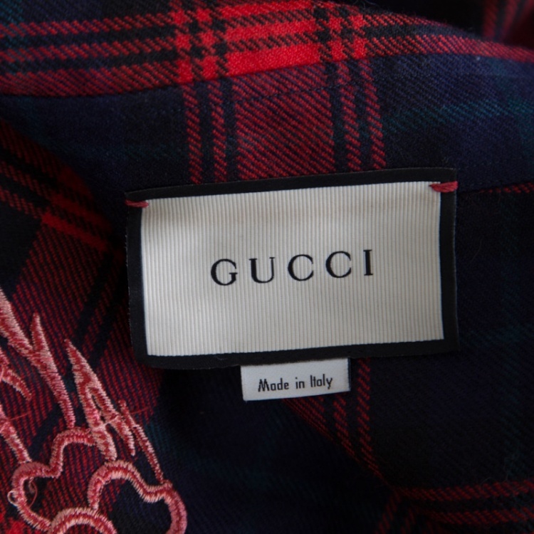 Pre Owned Gucci Red Tartan Plaid Floral and Dragon Embroidered Wool Shirt  XL