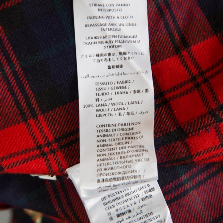 Pre Owned Gucci Red Tartan Plaid Floral and Dragon Embroidered Wool Shirt  XL