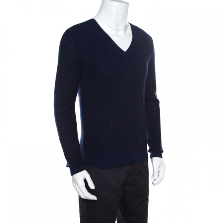 Pre Owned Gucci Dark Blue Textured Wool V Neck Sweater M