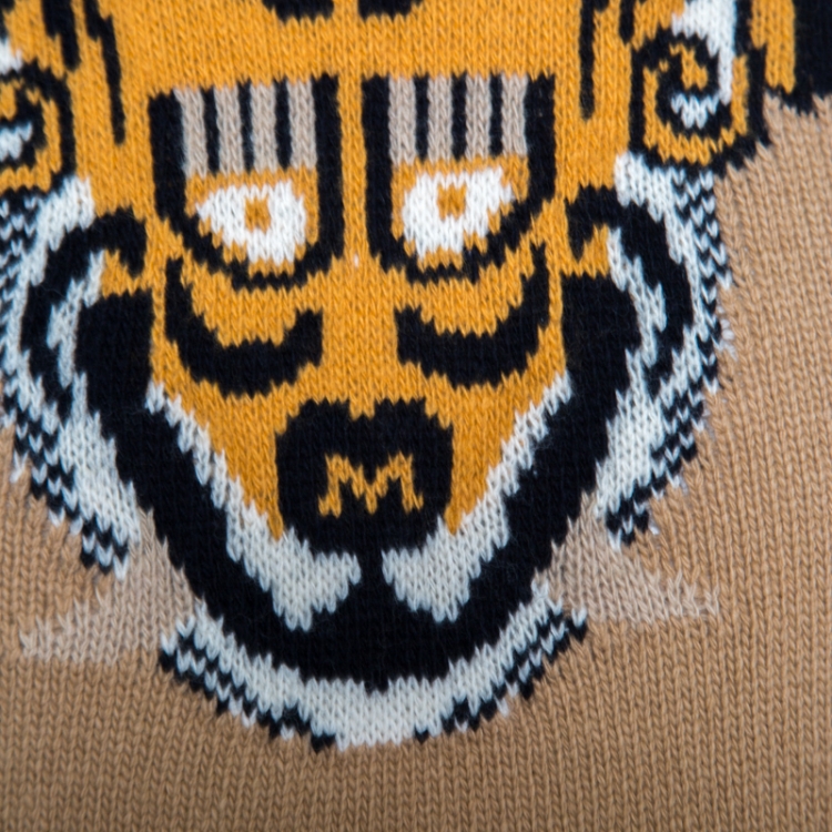 Pre Owned Gucci Beige Tiger Patterned Jacquard Wool Crew Neck Sweater L