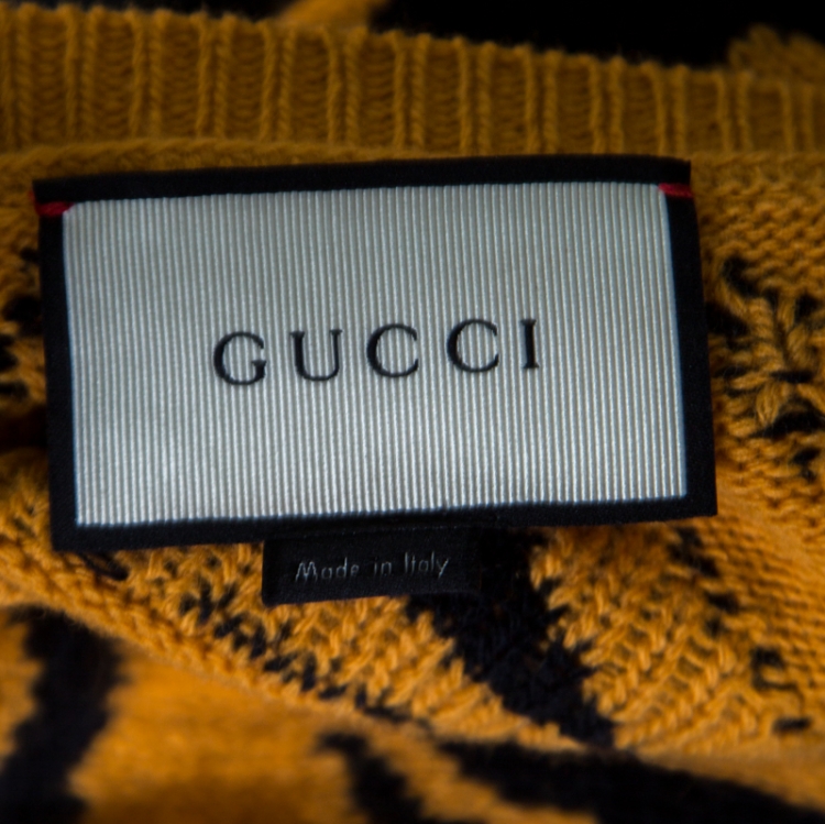 Pre Owned Gucci Beige Tiger Patterned Jacquard Wool Crew Neck Sweater L
