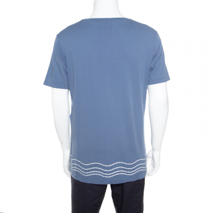 Pre Owned Gucci L'Aveugle Par Amour Blue Octopus Print Applique Detail Distressed T-Shirt M