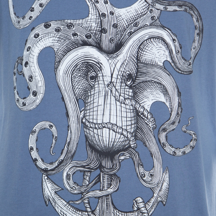 Pre Owned Gucci L'Aveugle Par Amour Blue Octopus Print Applique Detail Distressed T-Shirt M