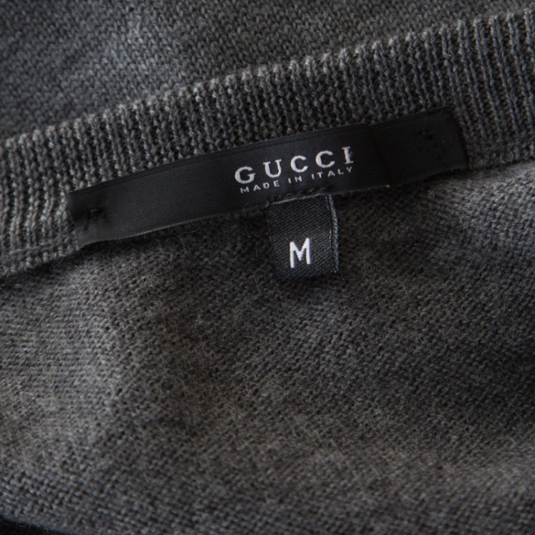 مملوكة مسبقًا Gucci Grey Rib Knit Wool V Neck Long Sleeve Pullover M