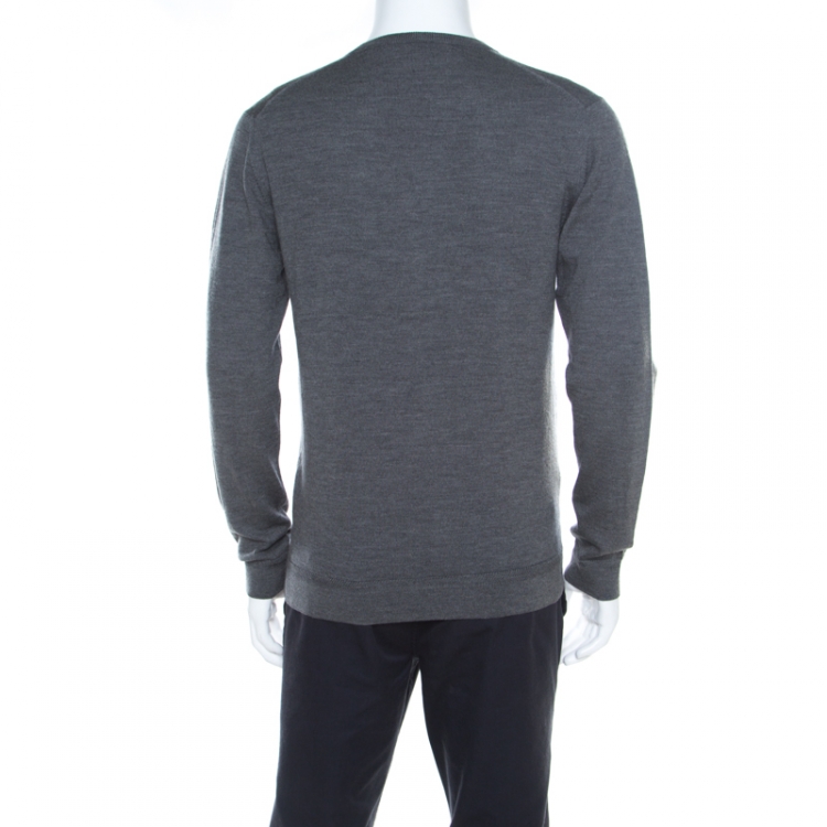 مملوكة مسبقًا Gucci Grey Rib Knit Wool V Neck Long Sleeve Pullover M